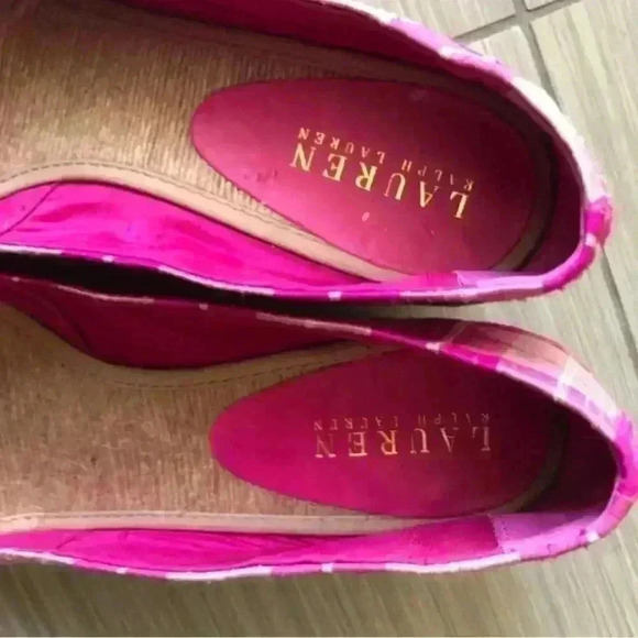 Ralph Lauren Cecilia Pink Plaid Open Toe Wedge - Picture 5 of 8